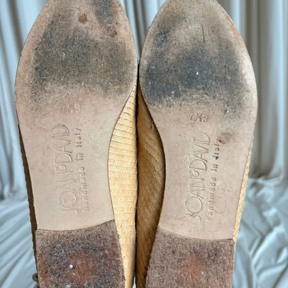 Joan & David Reptile Skin Loafers - Tan Beige, Gold Chain Detail, Size 7.5